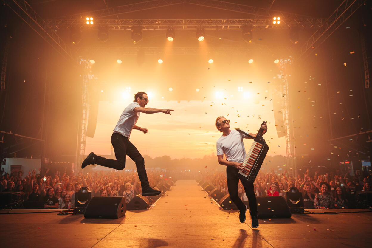 Members of Max Love band on stage in front of a crowdy venue